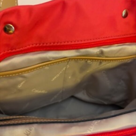 Calvin Klein Red Nylon Tote Bag with Gold-tone Hardware and Tan Handles